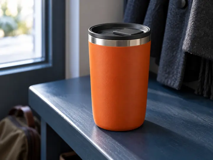 Burnt-orange insulated travel mug with a dark fitted lid on a slate bench.