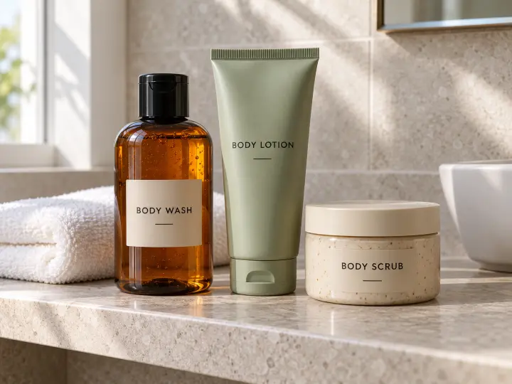 Body wash, body lotion and body scrub grouped on a pale bathroom shelf beside a folded cloth.