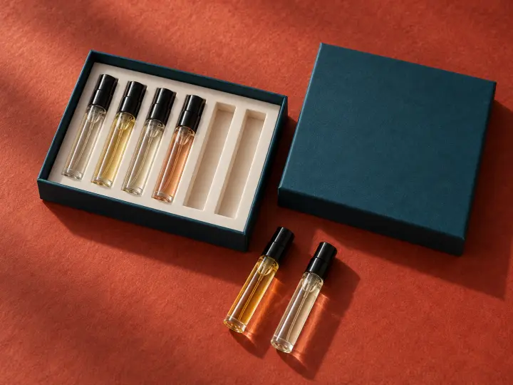 Six small perfume sample vials arranged with a compact blue presentation box.