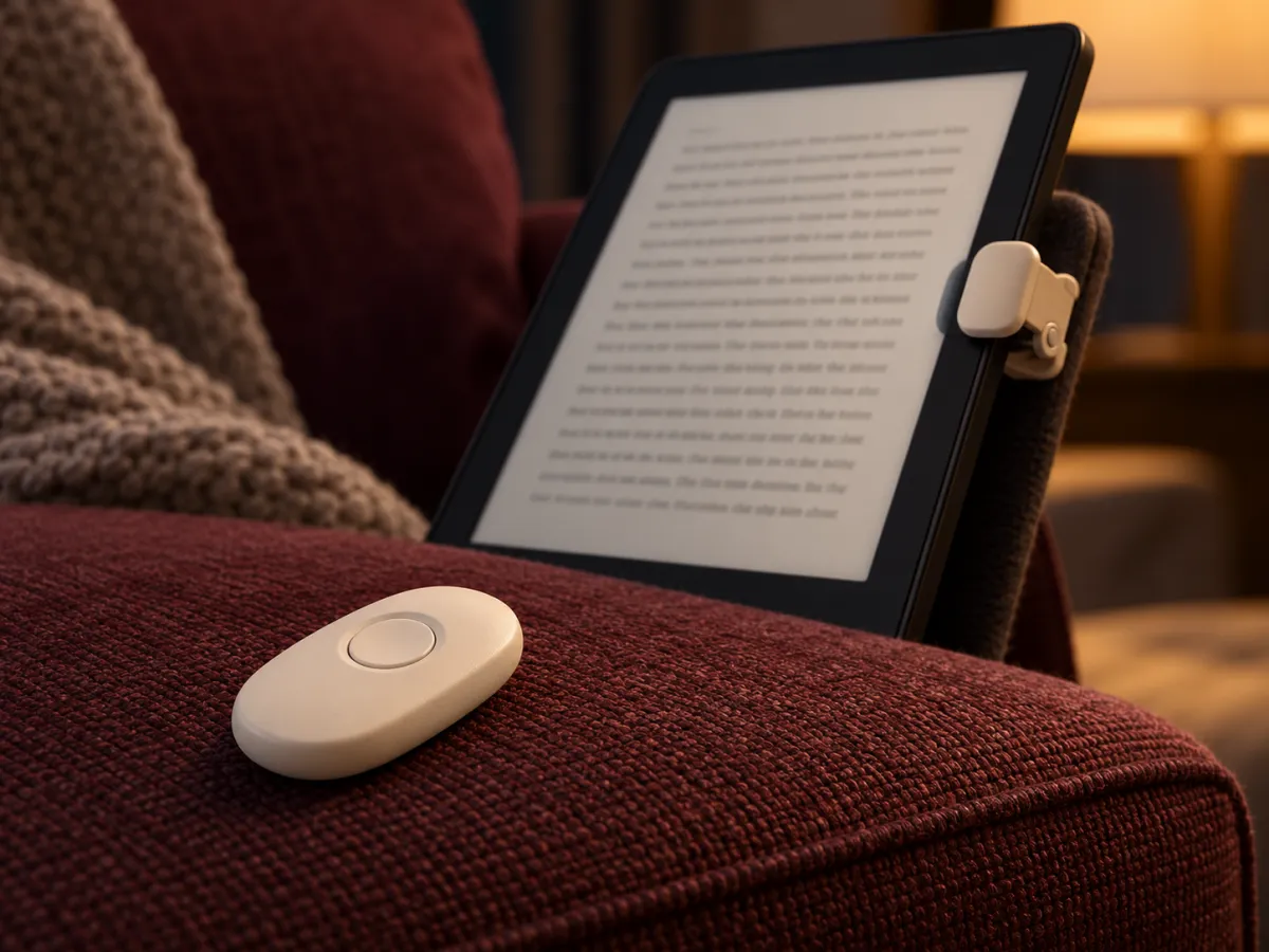 A small ivory page-turning remote on a burgundy chair arm, with a matching receiver on an e-reader.
