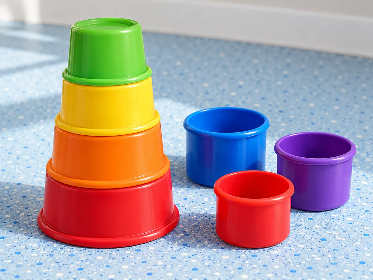 Colorful hollow toy cups beside a graduated stack on a blue play mat.