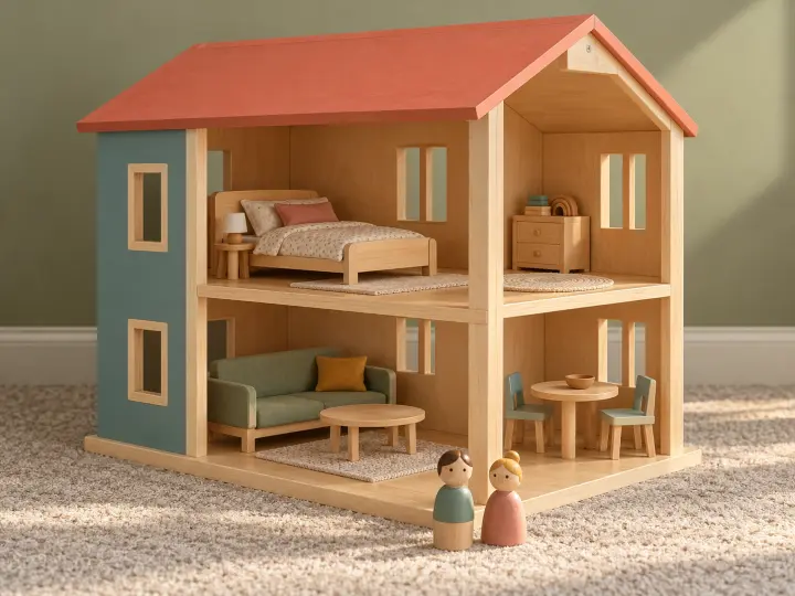 An open wooden two-story dollhouse with small furniture and two wooden figures on a carpet.