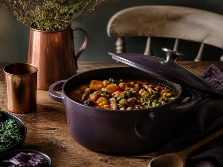A deep aubergine Dutch oven filled with vegetable stew on a rustic wooden table.