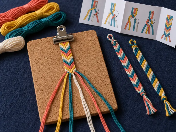 Cotton threads and finished knotted friendship bracelets beside a clipped work board and illustrated guide.