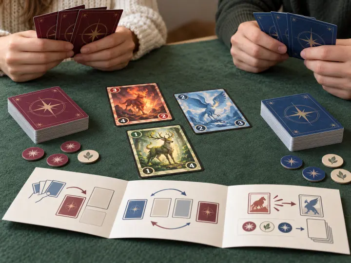 Two card decks, original illustrated fantasy cards, counters and a folded guide on a green playing mat.