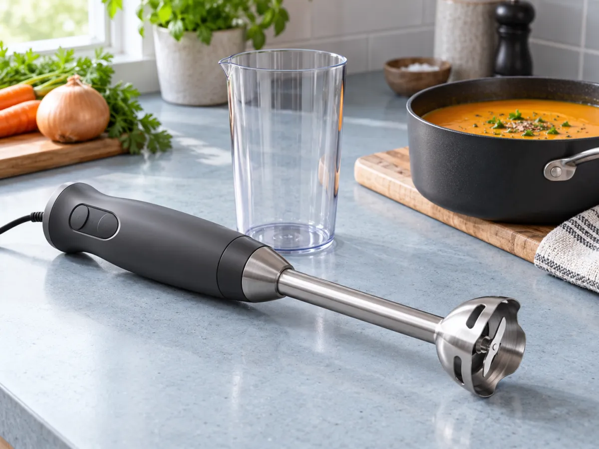 A charcoal immersion blender with a steel shaft beside an empty beaker and a pan of orange soup.