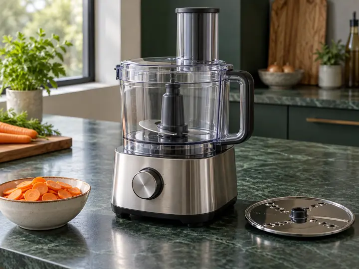 A stainless food processor with a clear bowl and feed tube, with a separate slicing disc on a green counter.