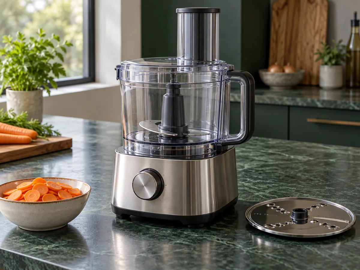 A stainless food processor with a clear bowl and feed tube, with a separate slicing disc on a green counter.