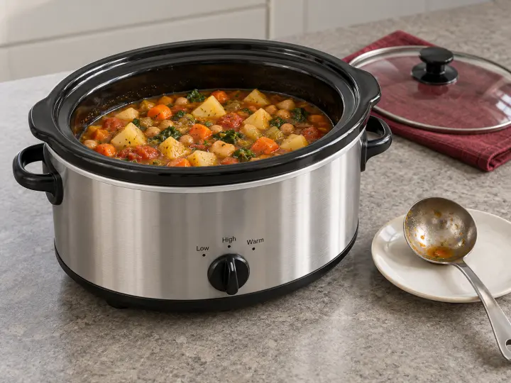An oval stainless slow cooker holding vegetable stew, with its glass lid and a ladle set beside it.