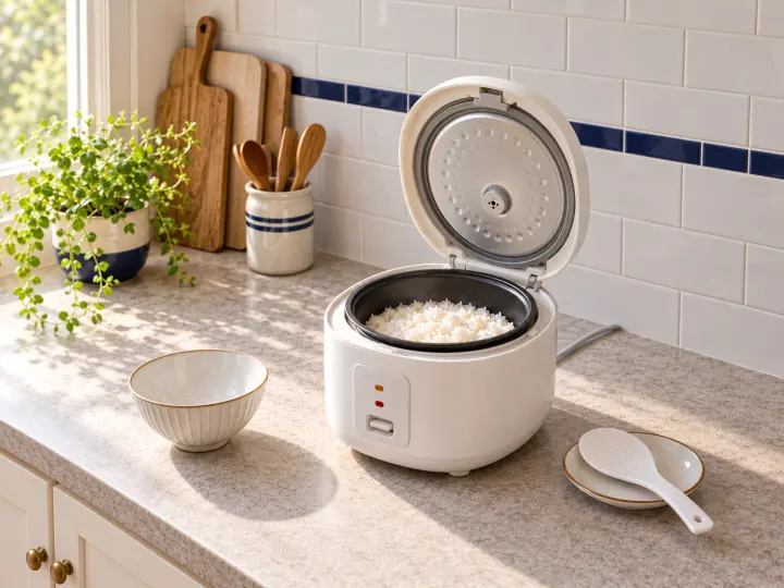 A white rice cooker with its hinged lid open over a bowl of cooked rice, with a paddle and empty serving bowl.