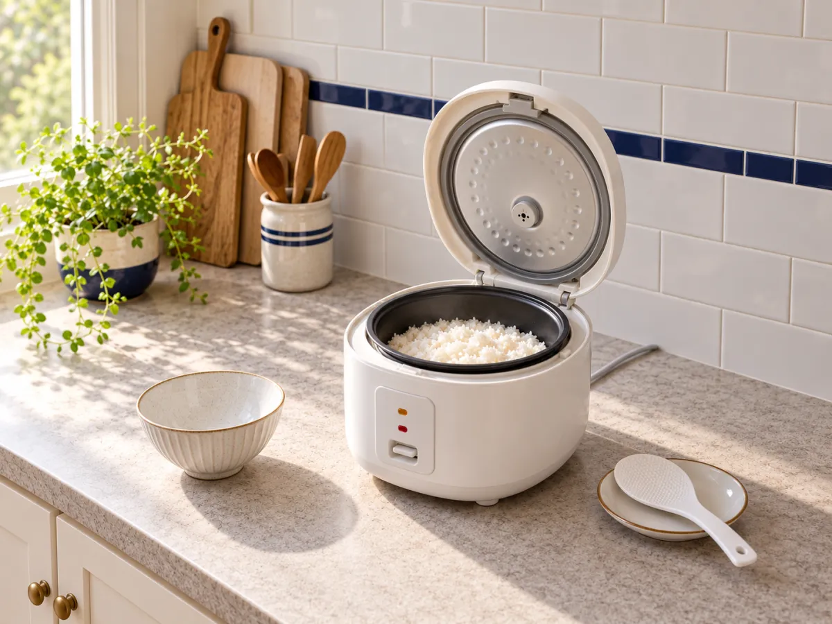 A white rice cooker with its hinged lid open over a bowl of cooked rice, with a paddle and empty serving bowl.