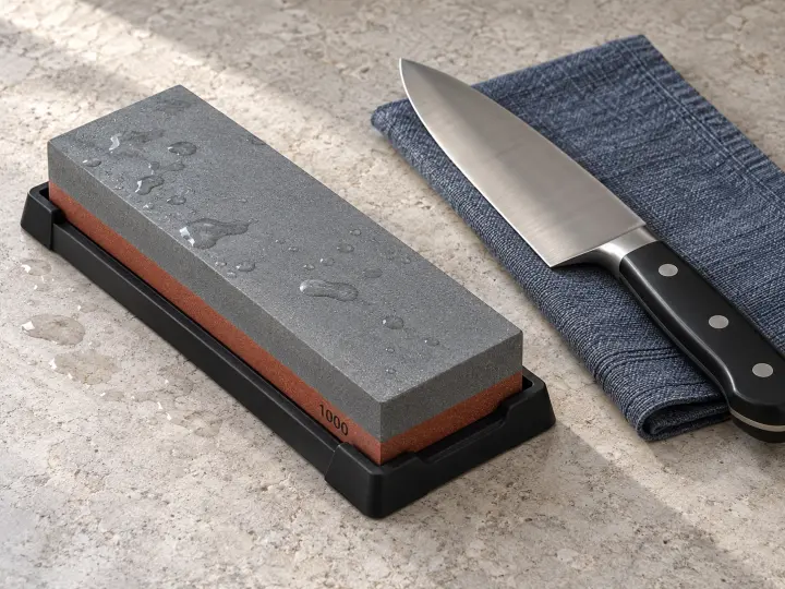 A gray and red rectangular sharpening stone in a black nonslip holder, with a chef’s knife resting separately on a blue cloth.