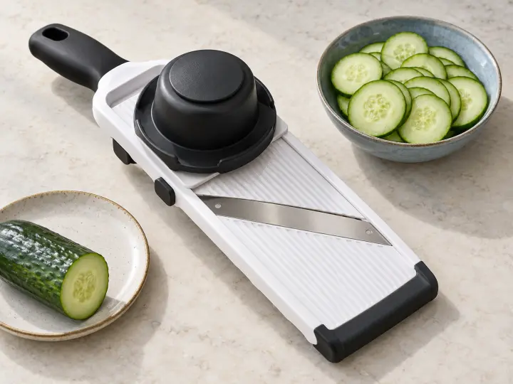 A white handheld mandoline with a black food holder resting on its platform beside cucumber slices.