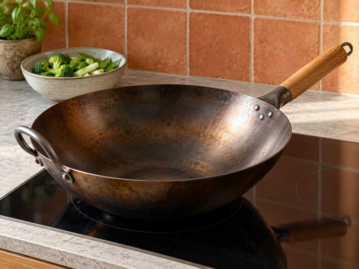 A dark flat-bottom carbon-steel wok with a wooden handle and steel helper loop on an unlit stove.