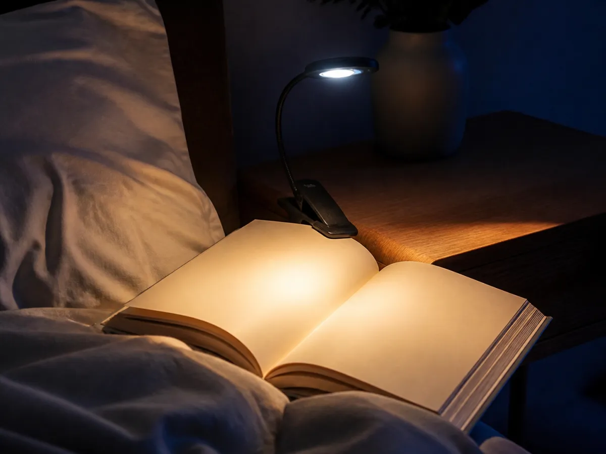 A small clip-on reading light illuminating the blank pages of an open book at night.