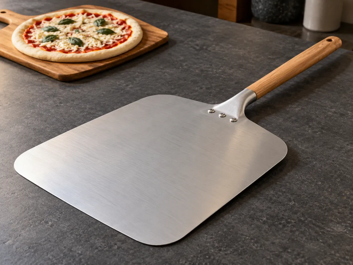 A broad metal pizza peel with a wooden handle beside an uncooked pizza on a separate board.