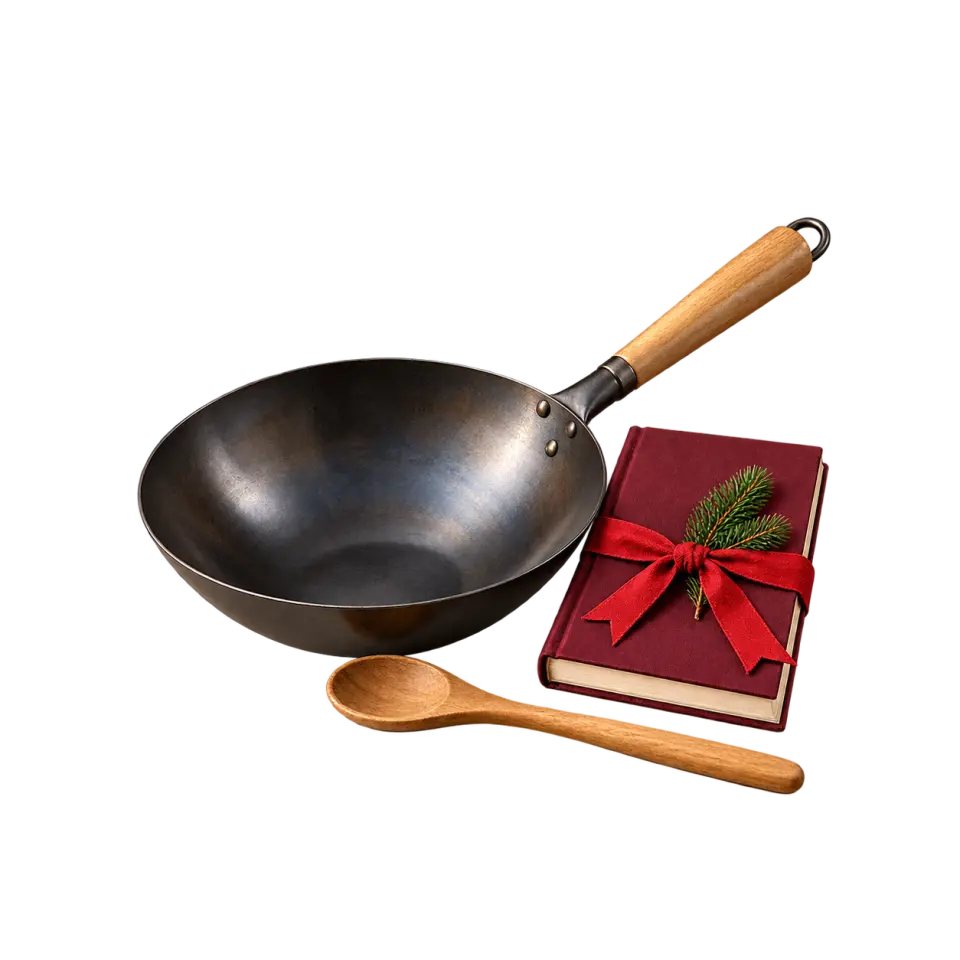 A wok, wooden spoon and ribbon-wrapped recipe book with a small evergreen sprig.