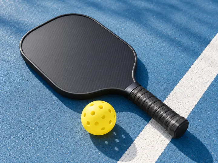 A dark pickleball paddle and yellow perforated ball on a blue court