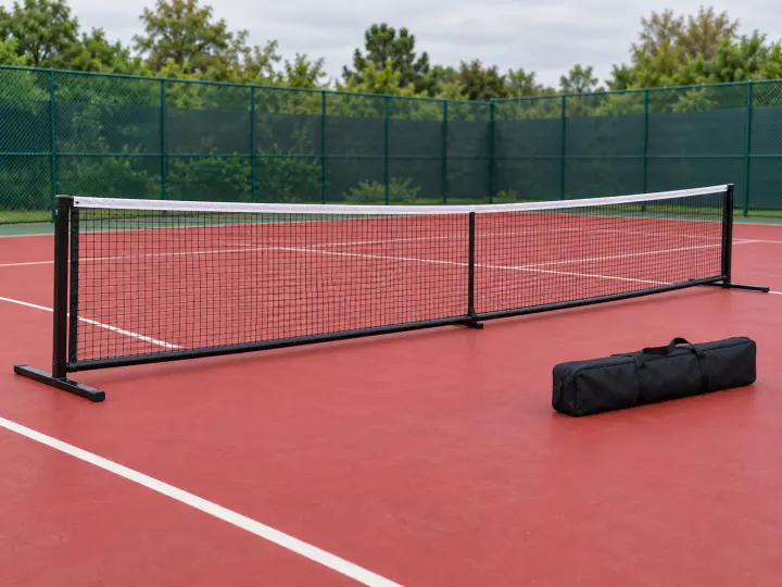 A freestanding pickleball net and carry bag on a red outdoor court