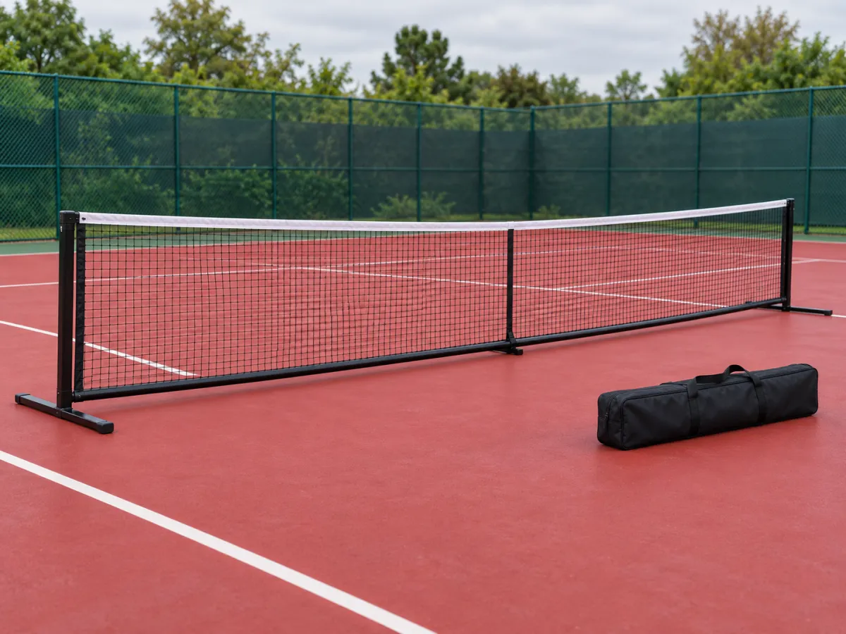 A freestanding pickleball net and carry bag on a red outdoor court
