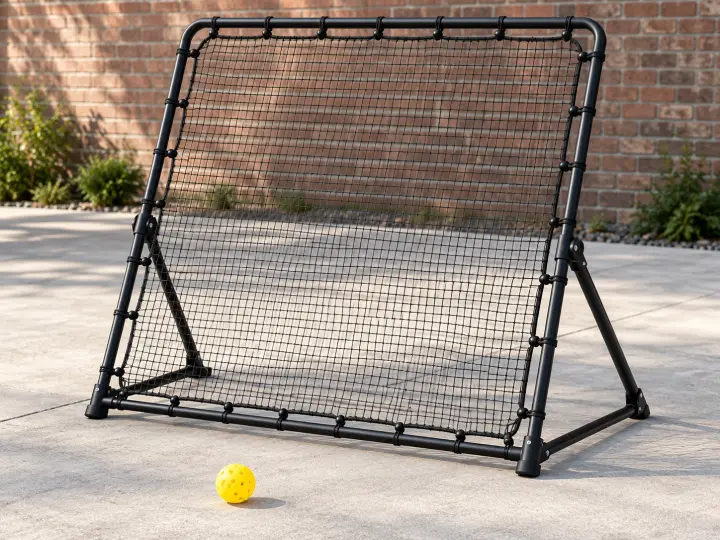 An angled freestanding rebound net with a yellow pickleball on the ground
