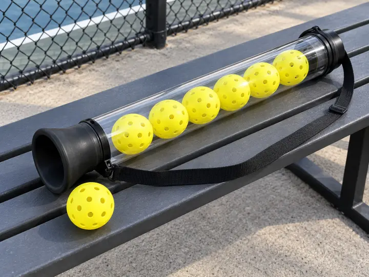 A clear collection tube containing yellow pickleballs on a courtside bench