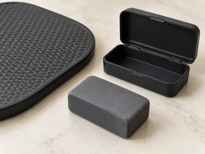A small gray rubber cleaning block and open case beside a textured paddle face