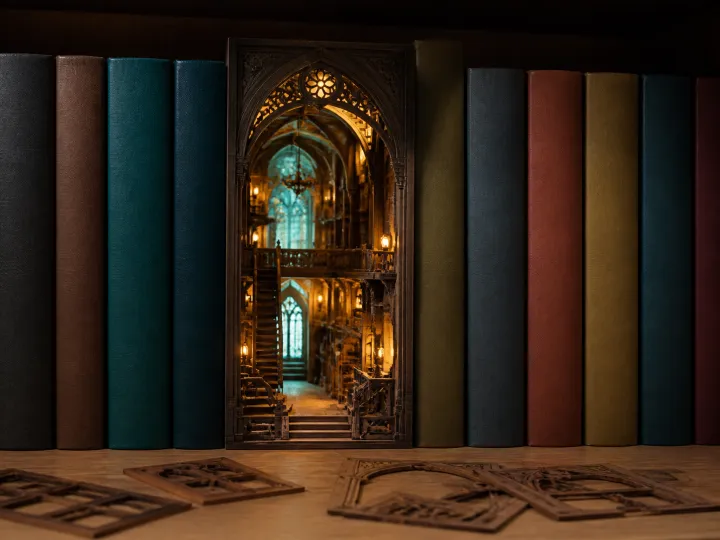 A glowing miniature Gothic book nook displayed between plain clothbound books.