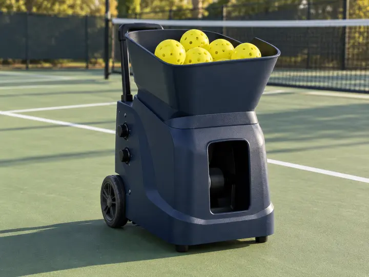 A portable navy ball machine with yellow pickleballs in its hopper on a court