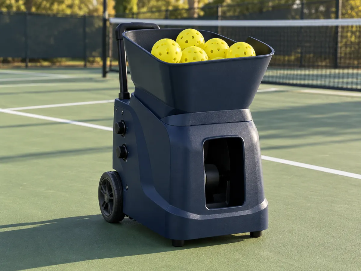 A portable navy ball machine with yellow pickleballs in its hopper on a court