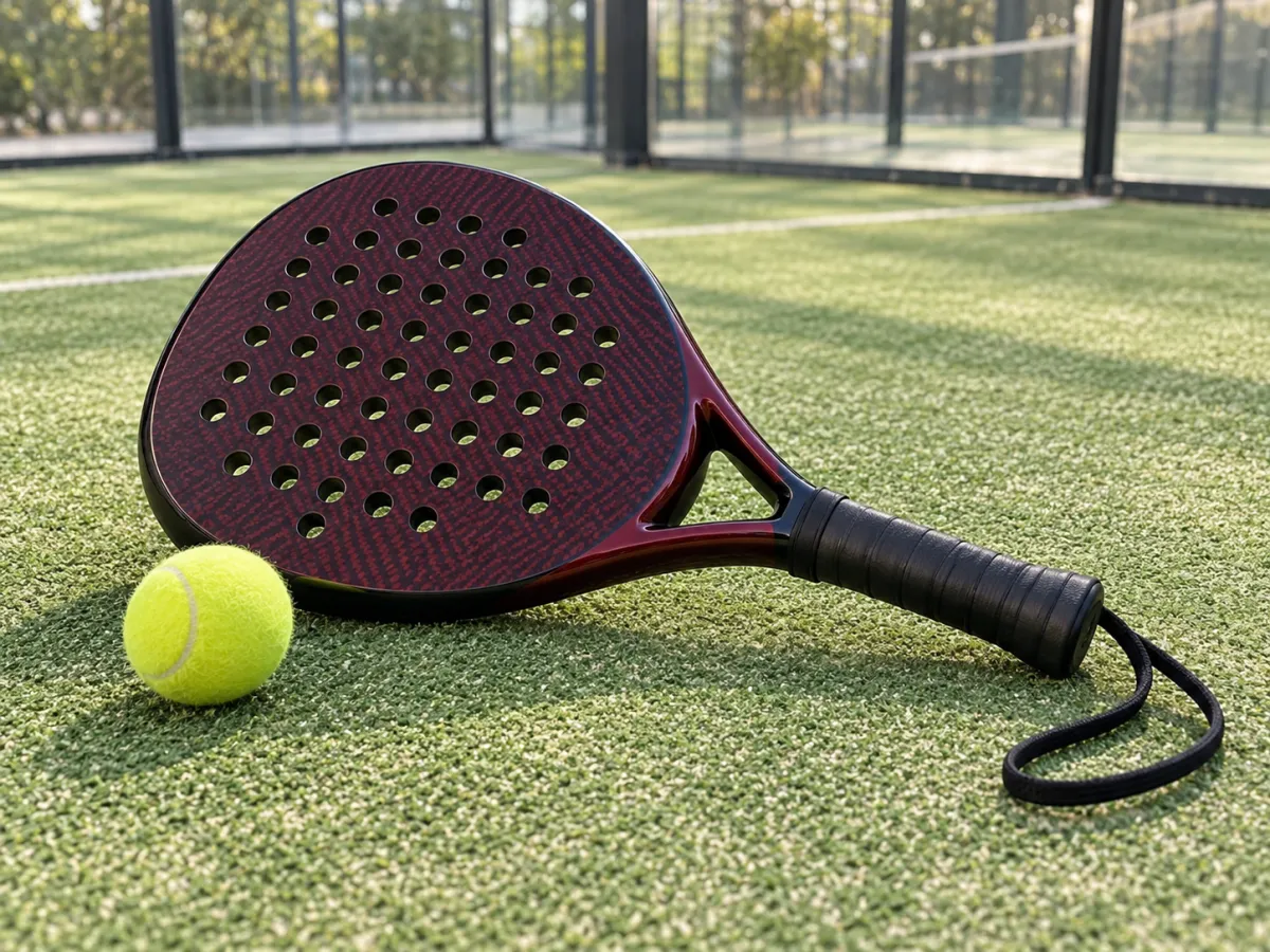 A burgundy perforated padel racket and yellow felt ball on a green court