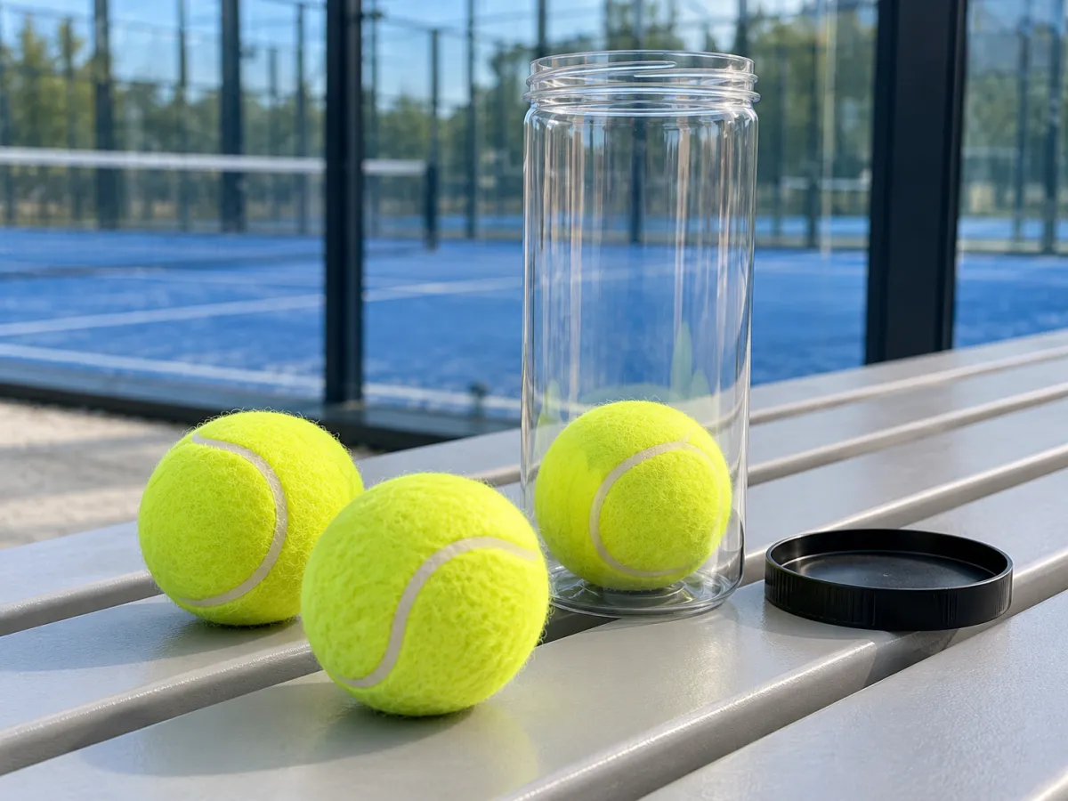 Yellow felt padel balls beside an open clear can and black lid