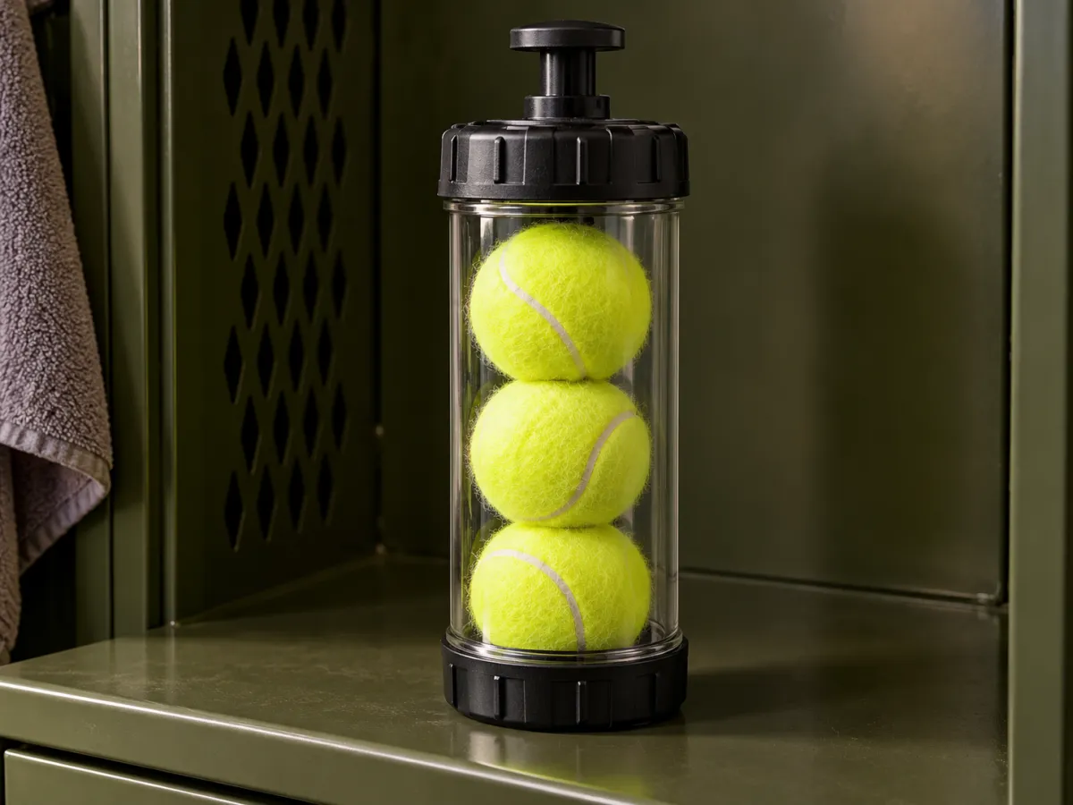A clear sealed pressure-storage canister with felt balls and a manual plunger