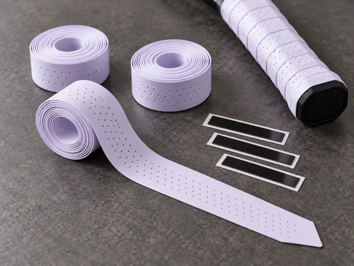 Thin racket overgrip wraps with finishing tape beside a wrapped handle