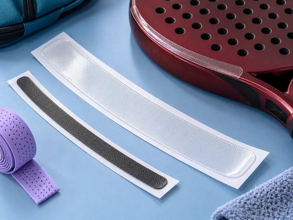 Clear and dark racket frame protection strips beside a padel racket head