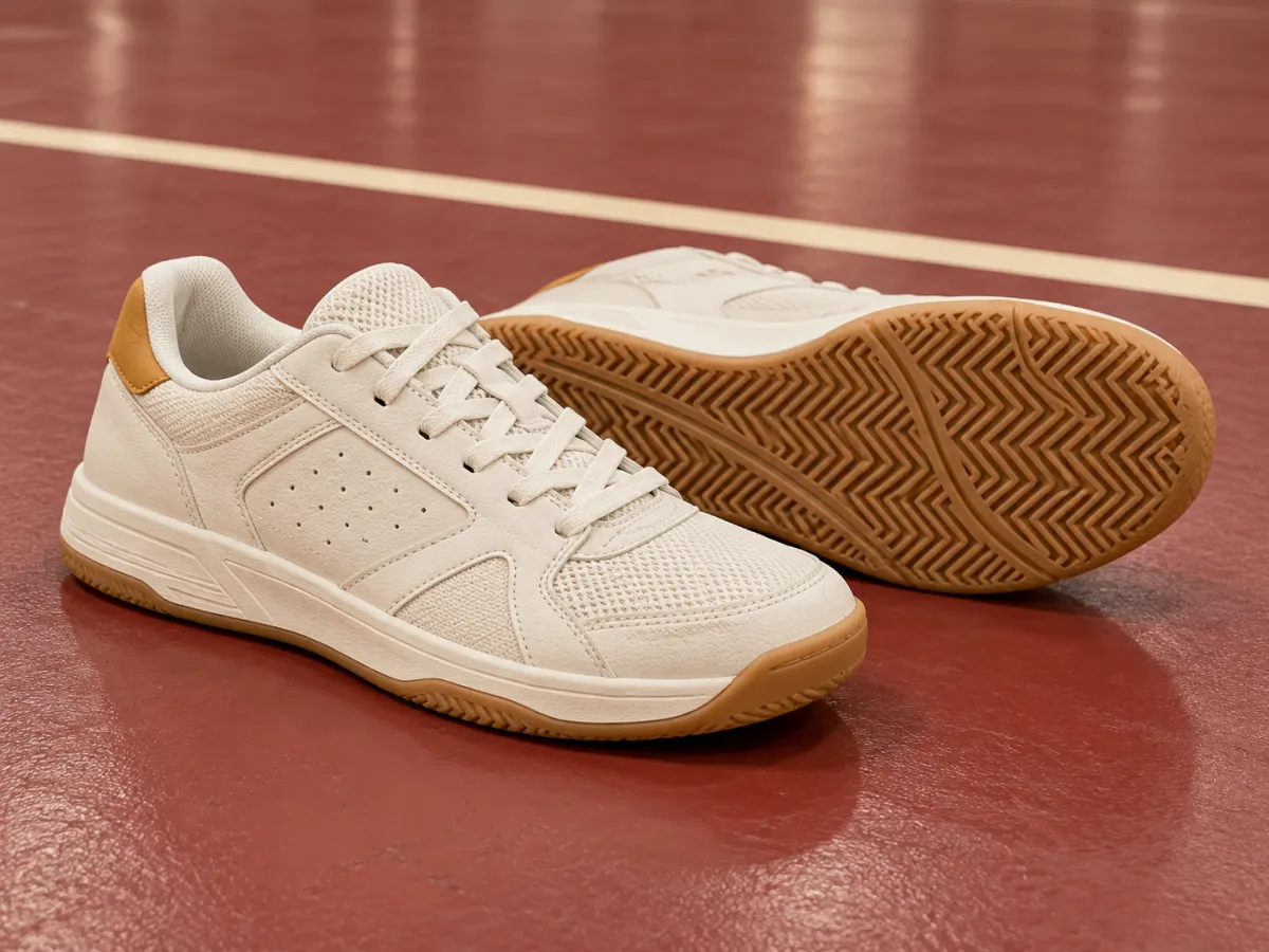 A pair of court sports shoes with textured soles and tied laces