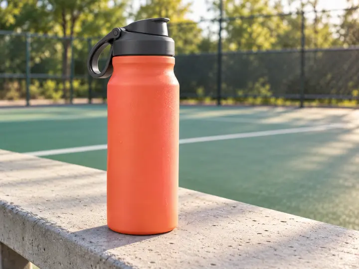 Reusable sports water bottle with a covered drinking spout beside a court bench