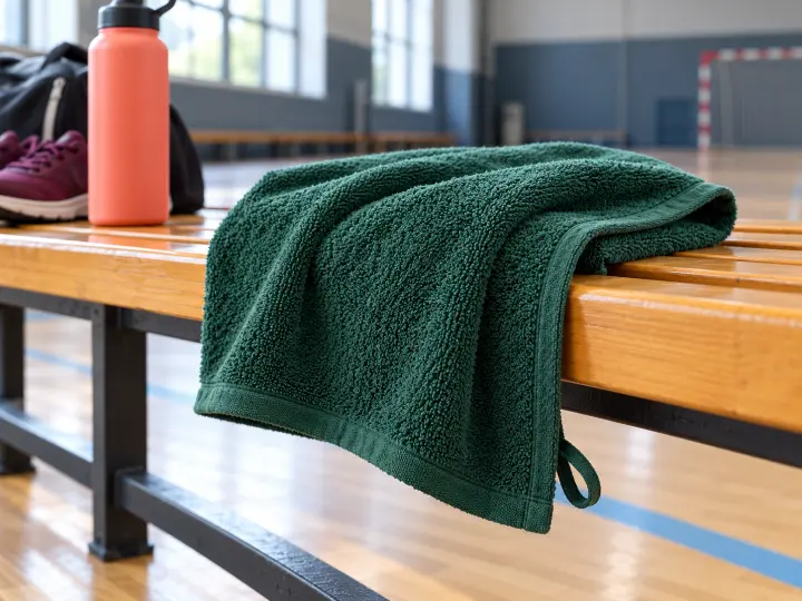 Folded textured sports towel with a hanging loop on a courtside seat