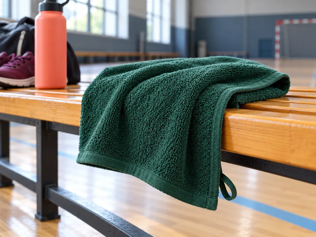 Folded textured sports towel with a hanging loop on a courtside seat