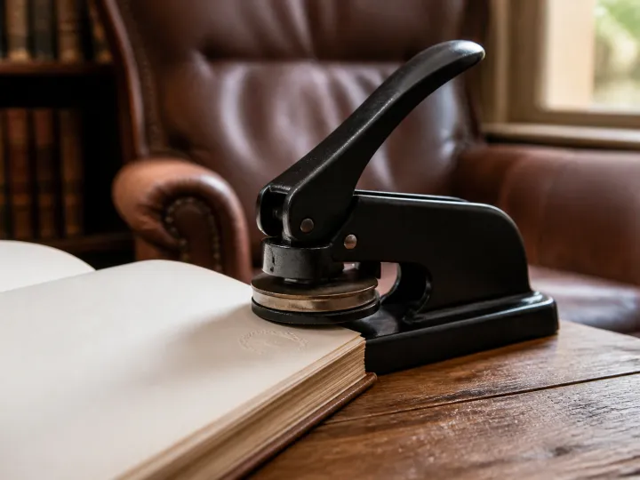 A black personal library embosser pressing a subtle seal into an open book.