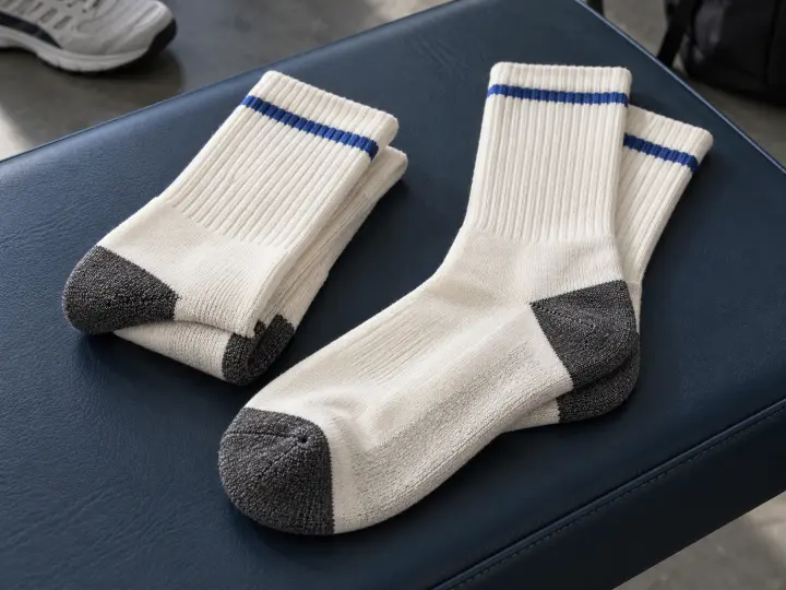 Cushioned sports socks with ribbed cuffs arranged beside court shoes