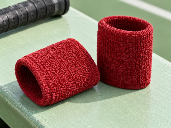A pair of soft ribbed sports wrist sweatbands beside a racket handle
