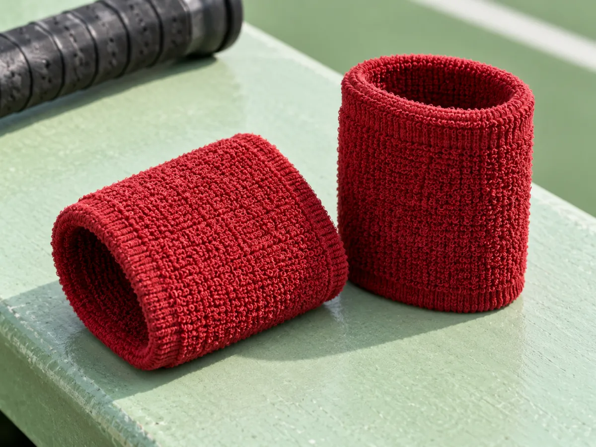 A pair of soft ribbed sports wrist sweatbands beside a racket handle