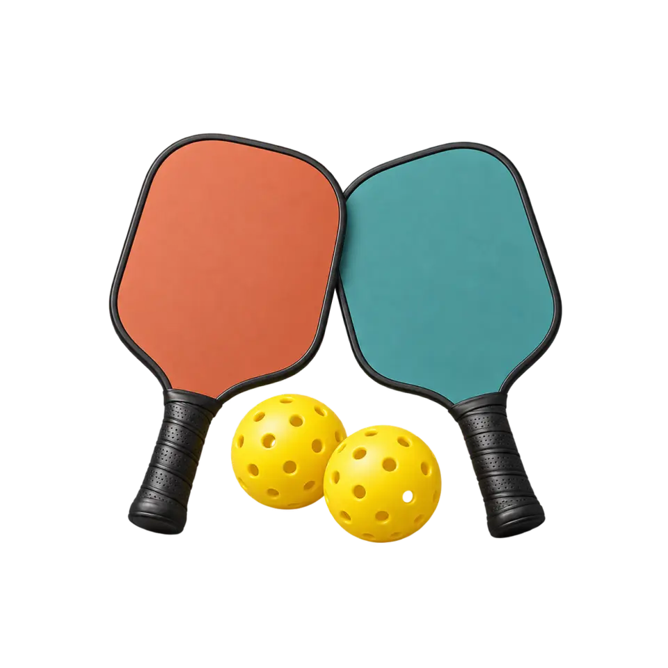 Two pickleball paddles with yellow perforated balls