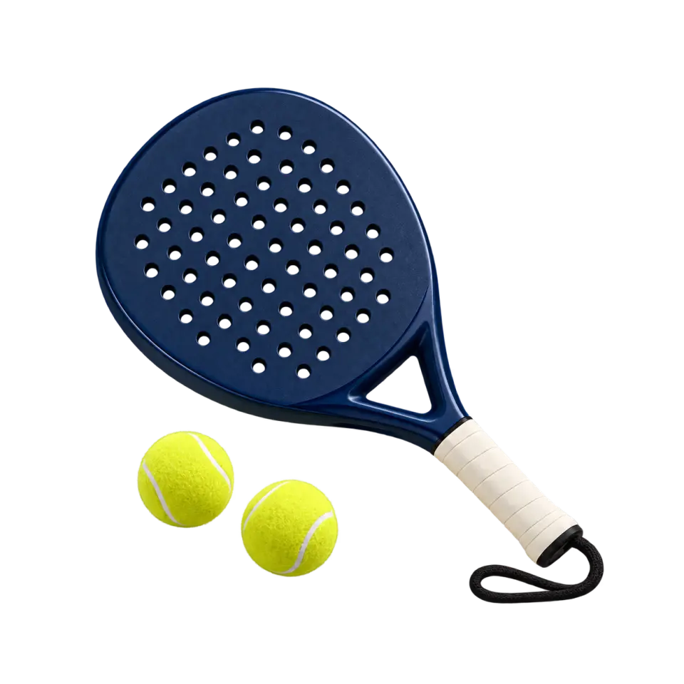 A perforated padel racket with two yellow felt balls