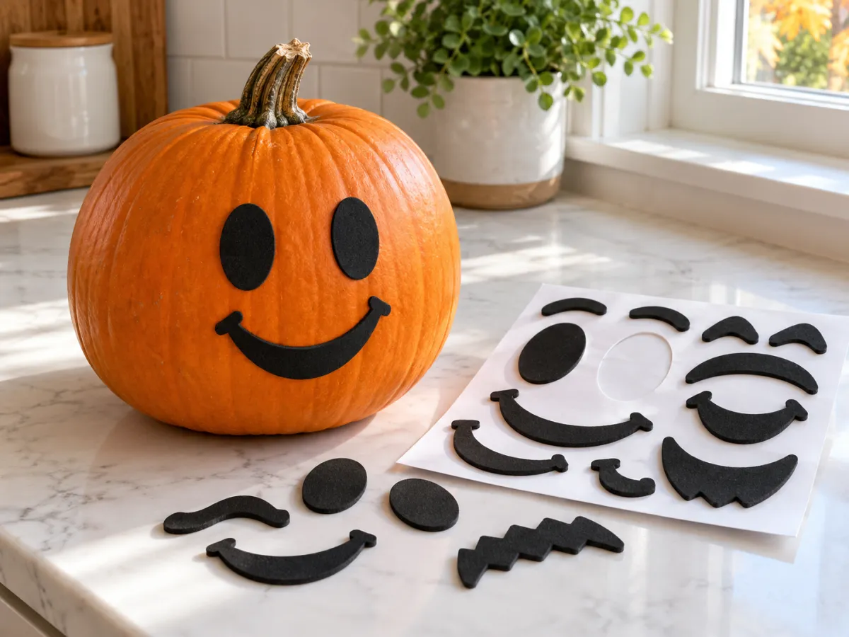 An intact orange pumpkin decorated with a black foam face beside sheets of peel-and-stick facial shapes.