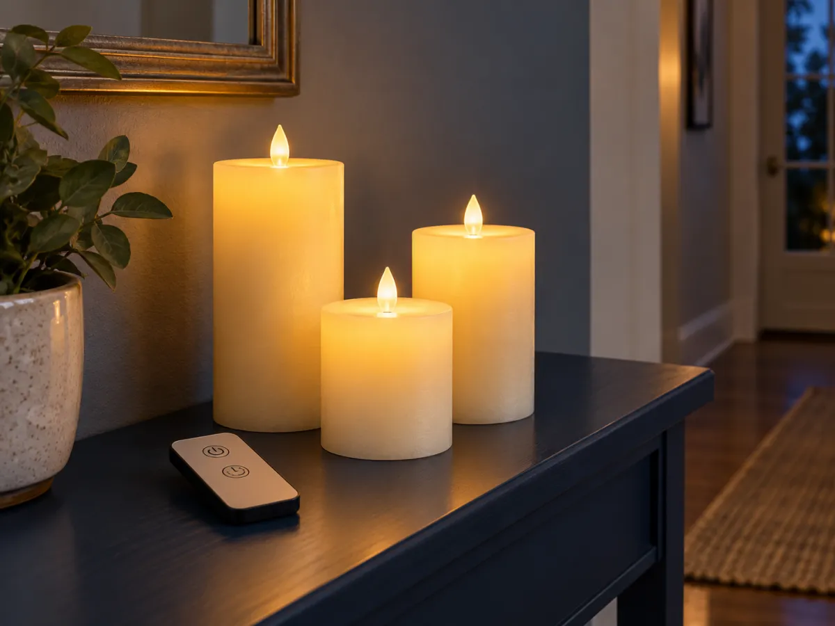 Three ivory LED pillar candles with artificial glowing flame tips and a remote on a dark hallway console.