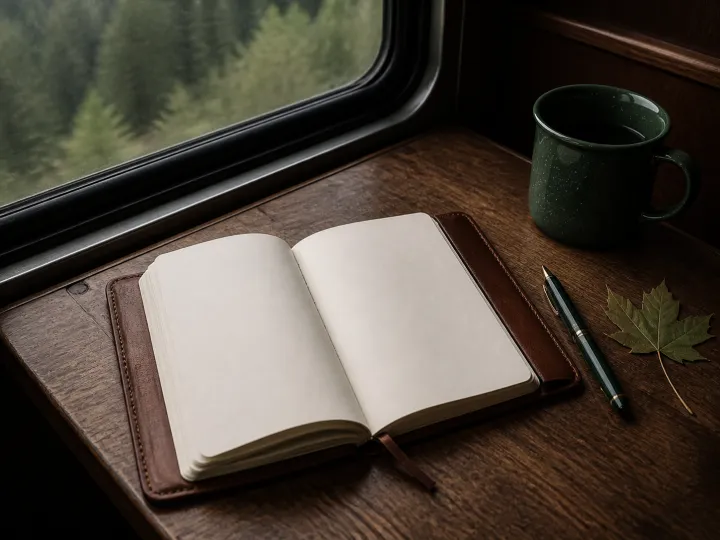An open leather journal with blank cream pages beside a fountain pen on a train table.