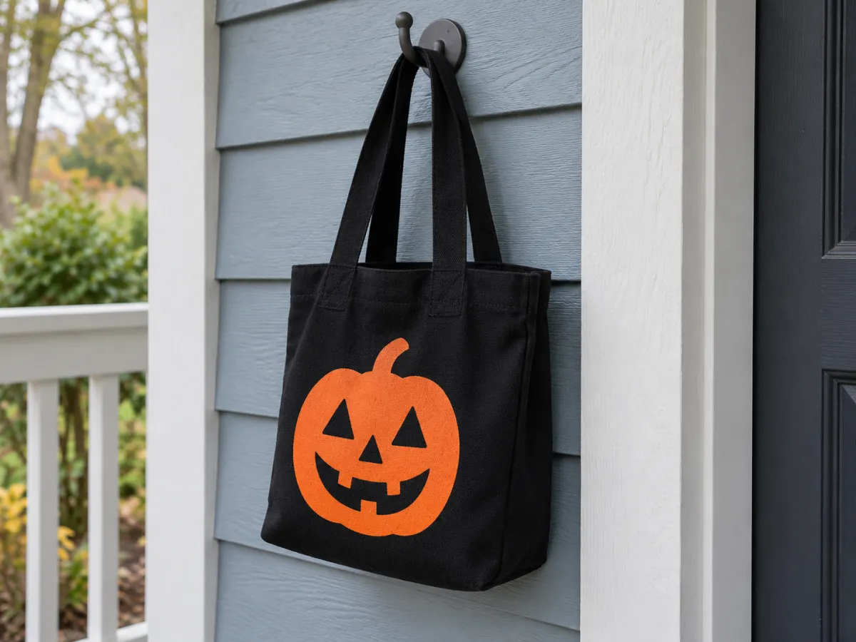 A reusable black fabric trick-or-treat tote with an orange pumpkin face hanging from a porch hook.