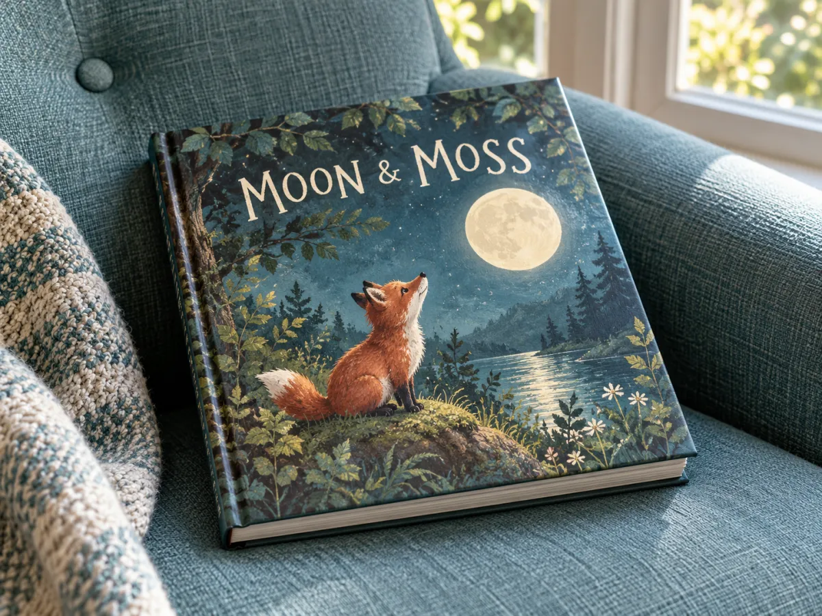 An illustrative hardback picture book with an original fox-and-moon cover on a teal reading chair.